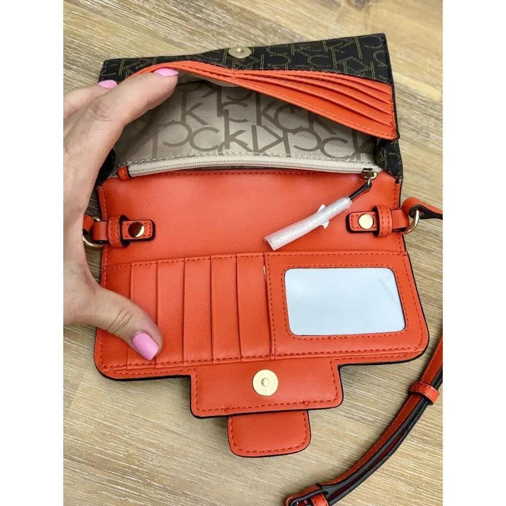 Calvin Klein Women’s Monogram Crossbody Wallet Purse Brown/Red Multi Card Slots